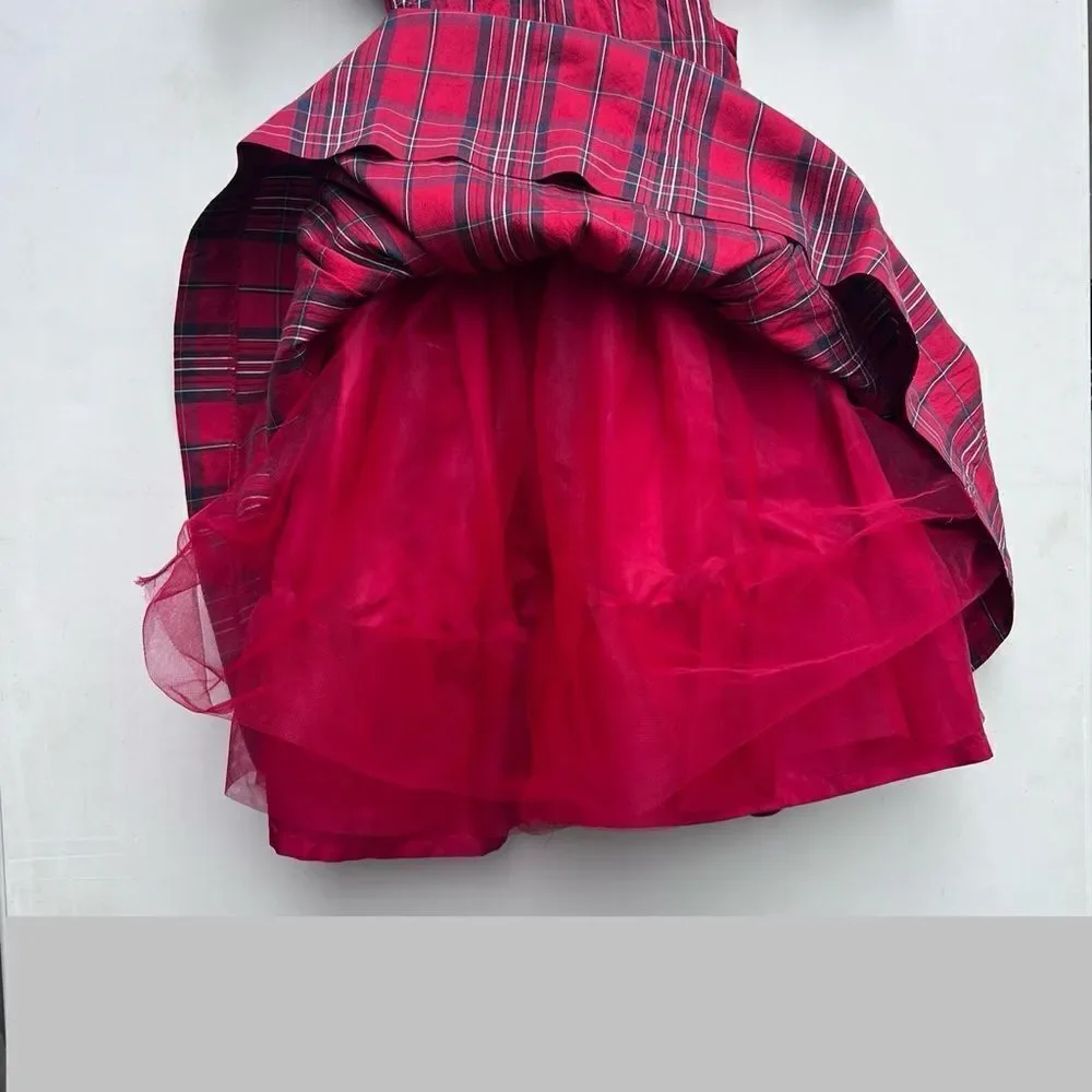 Janie & Jack Holiday Silk Plaid Dress 4 T Christmas Red Plaid Bow